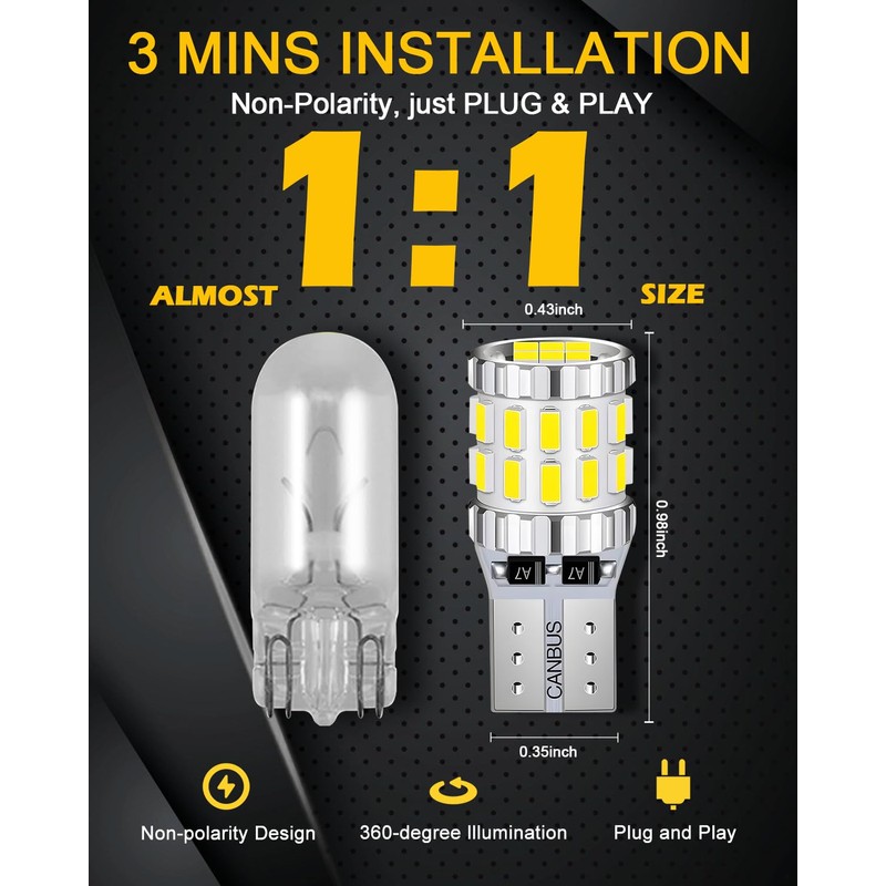 194 168 2825 T10 W5W Light Bulb,Super Bright T10 LED