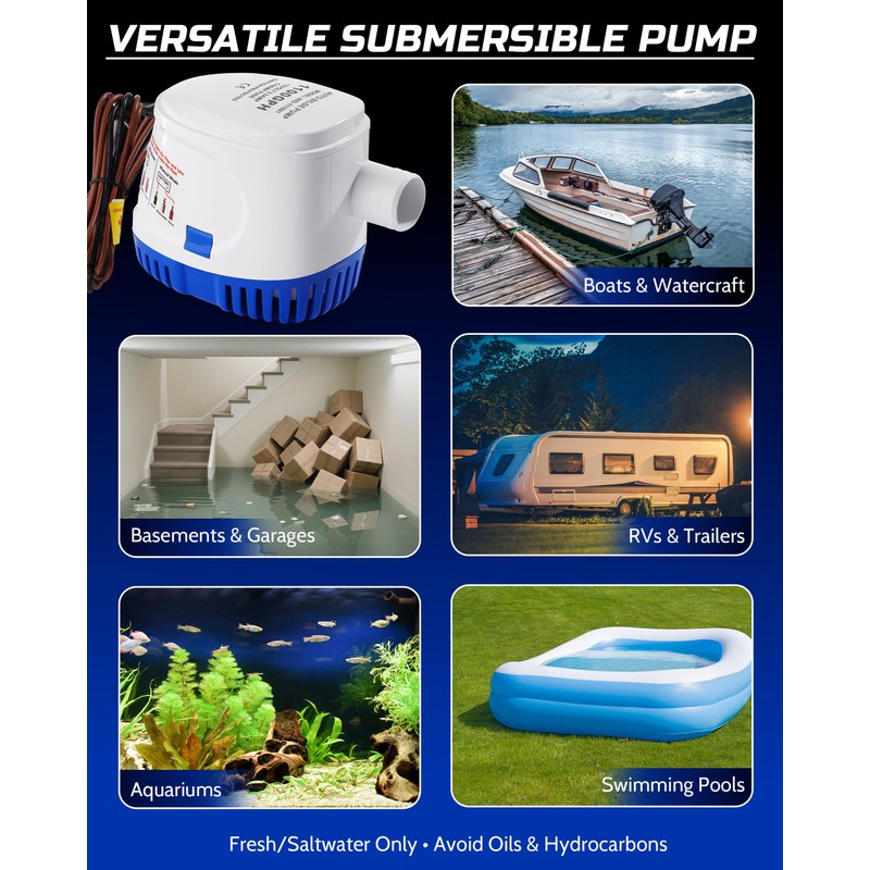 12V Automatic Boat Bilge Pump Kit, 1100GPH DC Marine Pump