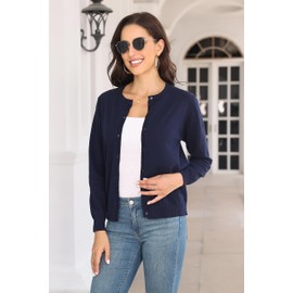 BERESIA Women's Cardigan with Buttons Classic Crew Neck Elegant, navy blue