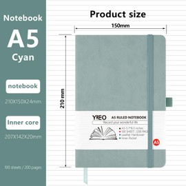 YIEO A5Notebook A5, 2 Pack A5 Notebook 200 Lined Pages 80 GSM Journal Notebook Hardback Notepad with Bookmark, Pen Loop and Expandable Paper Pocket, Journal Notepad Note Book (Balck+Grayblue)