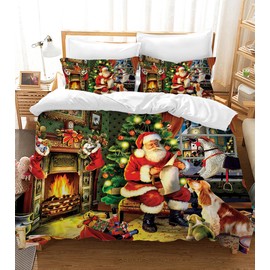 UGZDEA Christmas Bedding Set 135x200cm, 3D Christmas Bedding Set With 2 Pillowcases, Father Christmas, Christmas Tree, Deer, For Kids Teenagers (A, 135x200cm)