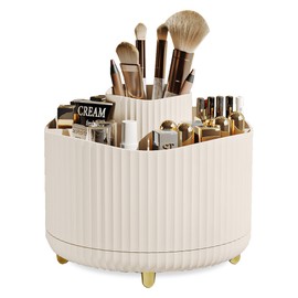 Veki 360°Rotating Makeup Brush Holder Organizer, Makeup Organiser for Dressing Table, Cosmetic Brush Holder for Bathroom Vanity, Cosmetic Brushes Container Storage for Lipstick Eyeliner (Cream)