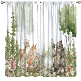Kid Forest Animal Curtains, Woodland Animal Fox Elk Bear Watercolor Print Curtains for Nursery Bedroom Living Room,Rustic Wild Animal Window Drapes Set 2 Panels,42x45 Inches