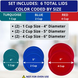 1, 2 & 4 Cup Turquoise, Blue, Red Replacement Lids/Covers for Pyrex, Anchor Hocking & KlareWare Storage Bowls *Lids Only Glass Container Not Included* (6 Pack *Two of Each Size*)