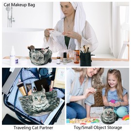 Openhahaha - Bolsa de cosméticos con forma de gato, divertida bolsa de maquillaje de gatitos, bolsa de viaje para cosméticos, bolsa de aseo suave de animales, estuche organizador para amantes de los gatos, Gato atigrado gris, Multifuncional