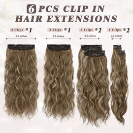 BARSDAR Clip-In Hair Extensions, 6 Pieces, Long Wavy Highlight Balayage Hairpiece, Clip-In 50 cm, Full Head, Thick Synthetic Clip Hair Extensions for Women (Ash Brown & Blonde)