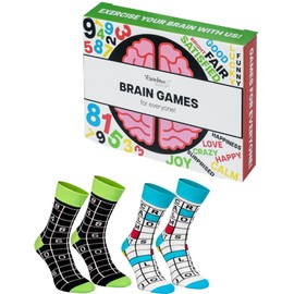 Rainbow Socks - Brain Games Socks - Women's Men's Brain Games Socks - Perfect Socks for Lovers of Crossword and Sudoku - Box of Socks and Thinking Games - 2 Pairs, Brain Games