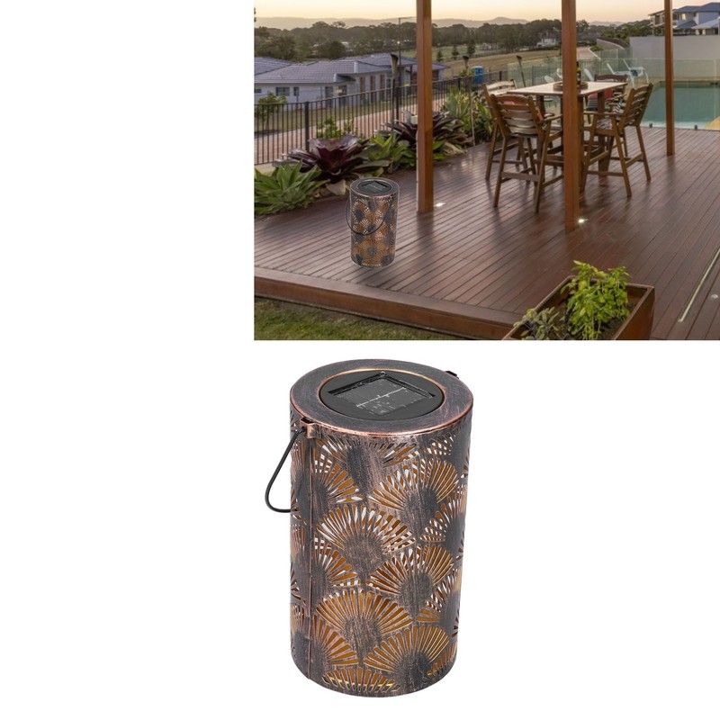 LED Solar Lantern Retro Iron Hollow Portable Warm Light Outdoor