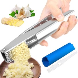 AYADA Garlic Press, Stainless Steel, Square Hole Design, Dishwasher Safe, Silver