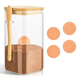 kmsuperb Brown Sugar Keeper Container 1300ml, Glass Jar with Lid and Spoon, Airtight Coffee Bean Storage, Includes 4 Terra Cotta Brown Sugar Savers for Softening, Perfect for Baking, Salt & Sugar
