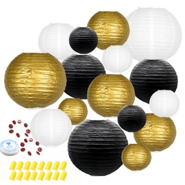 Hanging Paper Lanterns Decorative, Black Gold Chinese Paper Lanterns Ceiling Party Decorations with 16 LED Lights for Graduation Anniversary Engagements Business Banquet ，Pack of 16