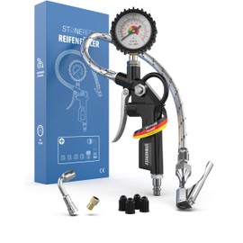 Tyre Inflator with Pressure Gauge [Includes Adapter & Replacement Caps] Calibrated and Precise - Tyre Inflator for Workshop, Car and Bicycle - Tyre Inflator with Hose and Air Pressure Gauge for