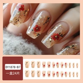 Gold Foil Flower Press on Nail Red Floral False Nail Medium Coffin Acrylic Nails Mirror Reusable Full Cover Fake Nails for Women Girls