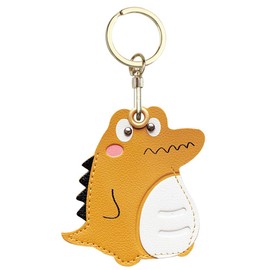Leather Anti-Lost Keychain Case Cover for AirTags Tracker Holder, Dinosaur Anti-Drop Scratch Cute AirTag Holder with Keychain Accessories for Women Kids Pets Backpacks (Yellow Dinosaur)