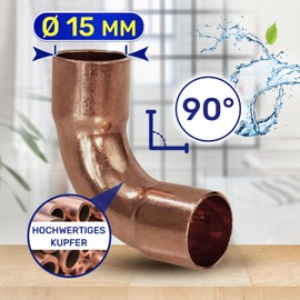 Pack of 2 Bends for Copper Pipes Diameter 15 mm with 90 Degree Angle Made of Copper MONTERAL