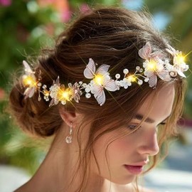 Unicra- Diadema de mariposa iluminada con flores para novia, accesorio para el cabello de novia plateado, accesorio para el cabello con perlas