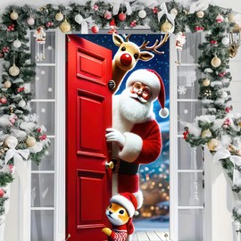BlissYard Christmas Door Cover Reindeer Santa Claus Banner Photo Backdrop Background Santa Door Hanging Banner Winter Holiday Christmas Eve New Year Home Party Decoration Supplies 71 x 35 Inch