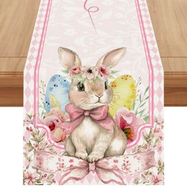 Linen Watercolor Bunny Rabbit Flower Easter Table Runner 72 Inches Long Easter Decor Easter Spring Summer Home Kitchen Dining Room Table Decorations