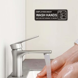 i-CowFun (4 Pack) Strong Self-adhesive Employees Must Wash Hands Sign, 9" x 3" Durable Acrylic Hand Washing Signs, Wash Hands Bathroom Sign with Symbols, Wash Hands Signs for Business, Restaurant, Offices, Hotels, Public Restrooms, Church Kitchens, Rest 
