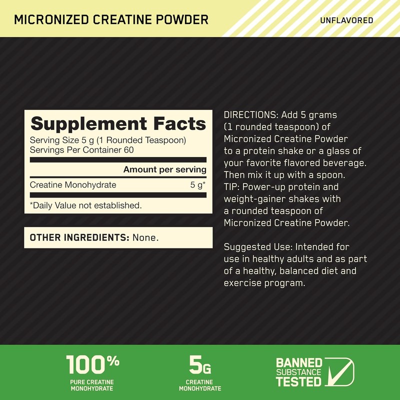 Optimum Nutrition Micronized Creatine Monohydrate Powder, Unflavored, 60 Servings, 300