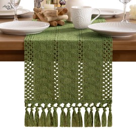 MLMW Boho Table Runner 60 inches Farmhouse Rustic Home Decor Olive Green Dining Table Centerpiece Macrame Woven Dresser Runner for Spring Living Room Dining Room Bedroom