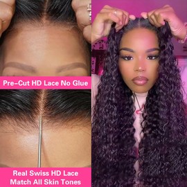 Jenniferita 28 Inch Wear and Go Glueless Wigs Human Hair Pre Plucked Pre Cut Lace 200% Density HD Transparent Lace Closure Wigs No Glue Deep Wave Lace Front Wigs 3 Seconds for Beginners