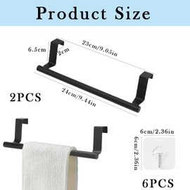 2 Pack Over Door Towel Rail, Black Kitchen Towel Holder with 6 Transparent Hooks, No Drill Tea Towel Rail for Cupboard Drawer Cabinet, 24cm Length