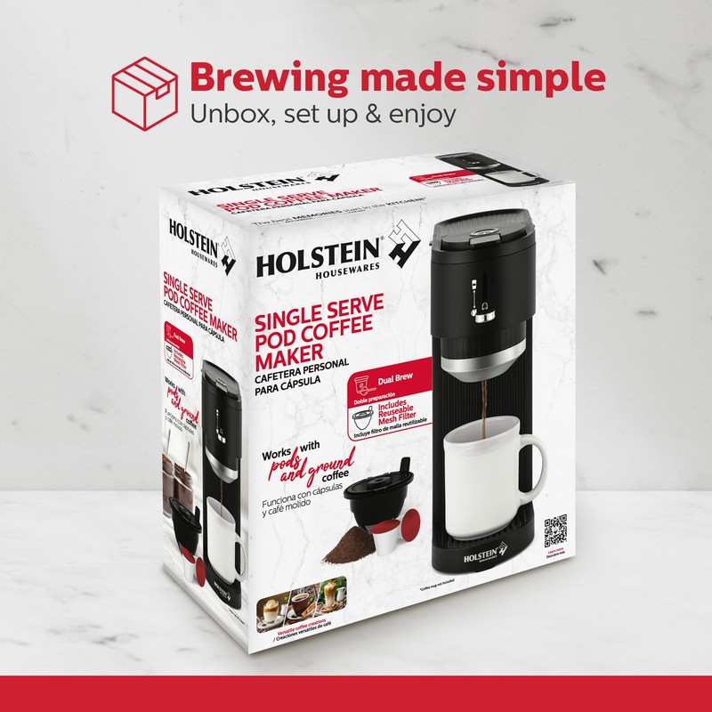 Holstein Housewares 2-in-1 Single Serve Coffee Maker, Dual Brew, Compatible