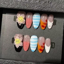 Luxury Press on Nails Medium Almond Handmade 3D Unique Reusable ABS Material Fake Nails French Tip False Nails with Designs Flower Water Drop Art Petal Glossy Glue on Thick Acrylic Nails(S)