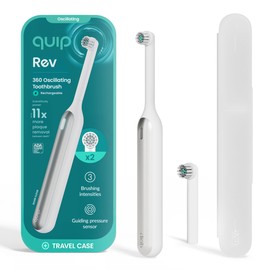 Quip Rev 360 Oscillating Rechargeable Electric Toothbrush with Extra Brush Head - Soft Bristles, Pressure Sensor, 3 Intensities, 30-Day Battery, 2-Min Timer, Travel Case, Mirror Mount - Silver Cloud