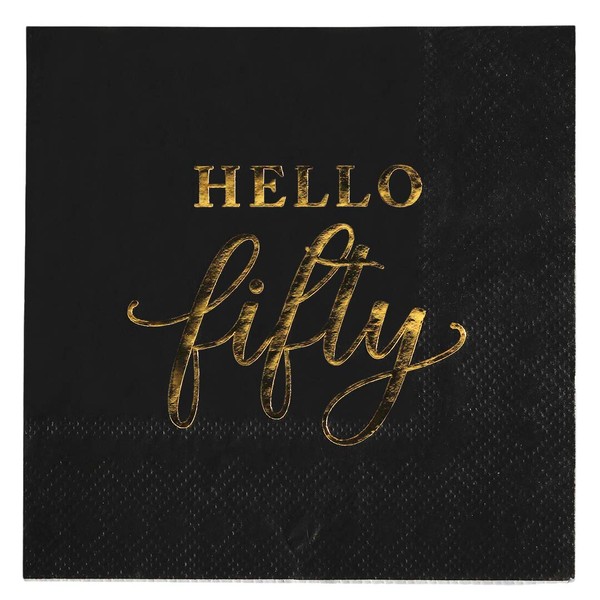 Andaz Press Black with Gold Scripted Hello Fifty Saying Cocktail Napkins, Bulk 100-Pack Count 3-Ply Disposable Fun Beverage Napkins for 50th Birthday, 50th Anniversary Party Supplies, Decorations