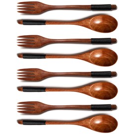 Set of 8 Wooden Kitchen Utensils, Wooden Cutlery, Wooden Fork, Wooden Spoon, Wooden Spoon, Salad Servers, Wood, Reusable Wooden Spoons, Fork Set, for Party, Banquet, Buffet, Catering, Everyday Life, Brown