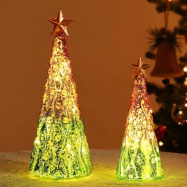 Lewondr Glass Christmas Trees, 2 PCS Tabletop Mercury Small Tree with Lights, Built-in Batteries Operated Christmas Table Lamps Ornament for Home Fireplace Centerpiece Xmas Decoration, Green & Gold