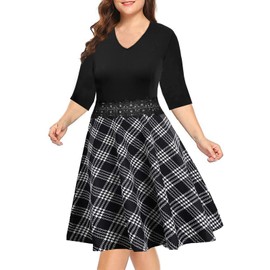 BEDOAR Plus Size Dresses for Wedding Guest Elegant Party A-Line Casual Plaid Dresses for Womens(B013-3/4 Sleeve Black+Plaid-24W)