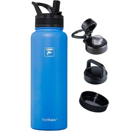 Fanhaw 40 oz Stainless Steel Insulated Water Bottle With 3 Lids (Straw, Spout and Carabiner Lid) - Double Walled Travel Thermal Canteen Mug (Sky Blue)