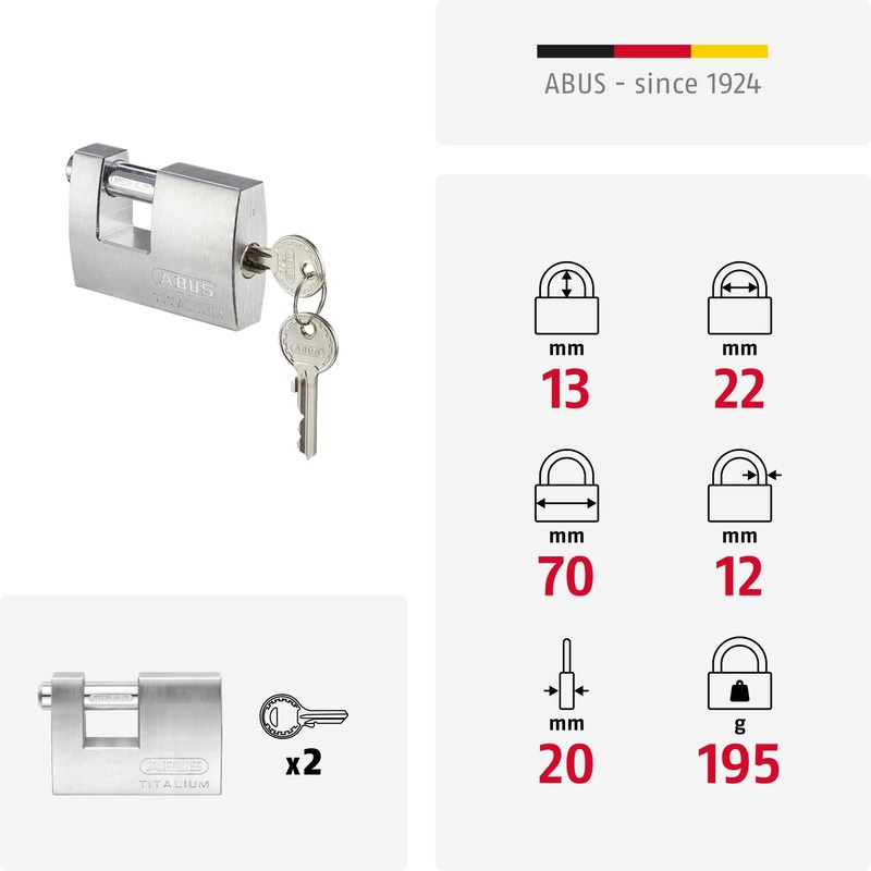 ABUS Titalium padlock 82TI/70 - Monoblock padlock for roller grilles,