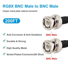 MOOKEERF RG8X BNC Male to BNC Male Coaxial Cable 200FT 50 ohm Ultra Low Loss for Antenna, RF Radio, Modem, Oscilloscope, Spectrum, Analyzer, Signal Generator