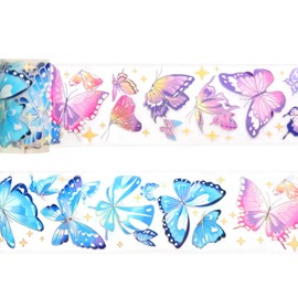 YINSMALLQI 1Roll Laser Butterfly Wide Scrapbooking Tape, Transparent PET Tape Decorative Masking Tape Stickers Washi Tapes for Bullet Journal Supplies DIY Crafts