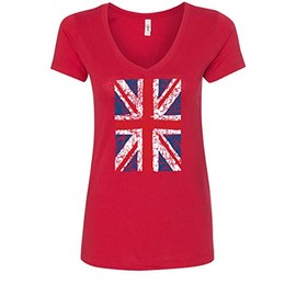 Union Jack Women's V-Neck T-Shirt United Kingdom Distressed British Flag Red Large