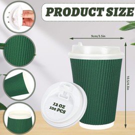 Whaline 100Pcs Sage Green Disposable Coffee Cups with Lids 12oz Gradient Green Paper Cups Corrugated Ripple Wall Insulated Hot Cups for Home Office Party Supplies
