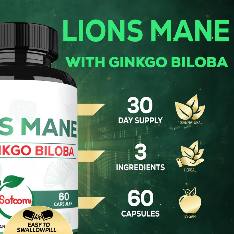 Satoomi Lions Mane with Ginkgo Biloba Supplement - 60 Capsules