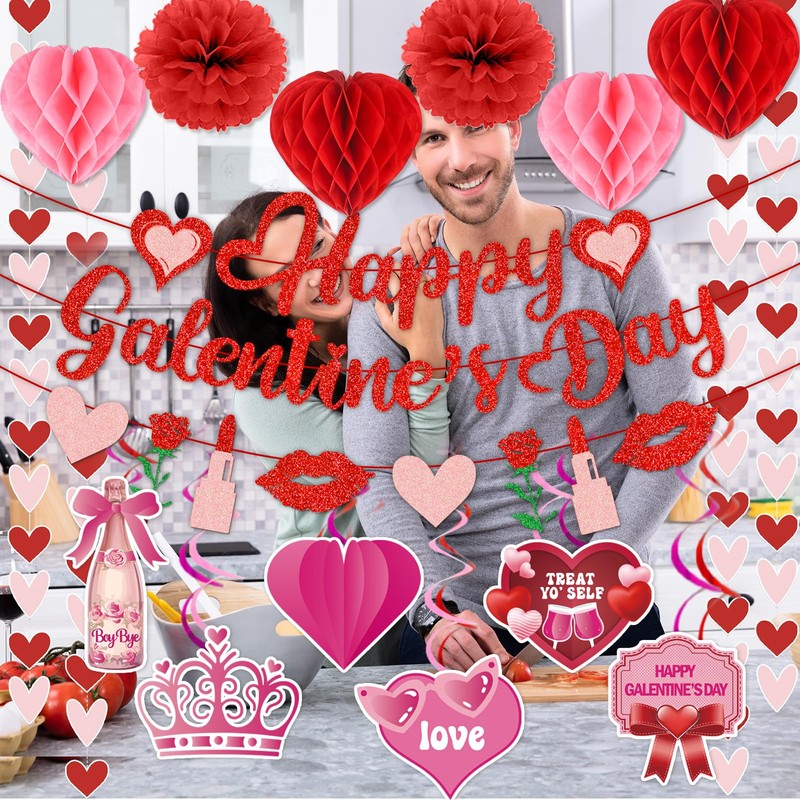 GRACEN Happy Galentines Day Banner with Galentines Paper Flowers Hanging