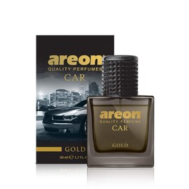 AREON Car Perfume Gold - Air Freshener in Glass Bottle - Luxury Odor Eliminator Spray with Absorber Hanging Pad - Unique Fragrance & Long-Lasting Aroma for Vehicle, Office, Home - Made in Europe, 50ml