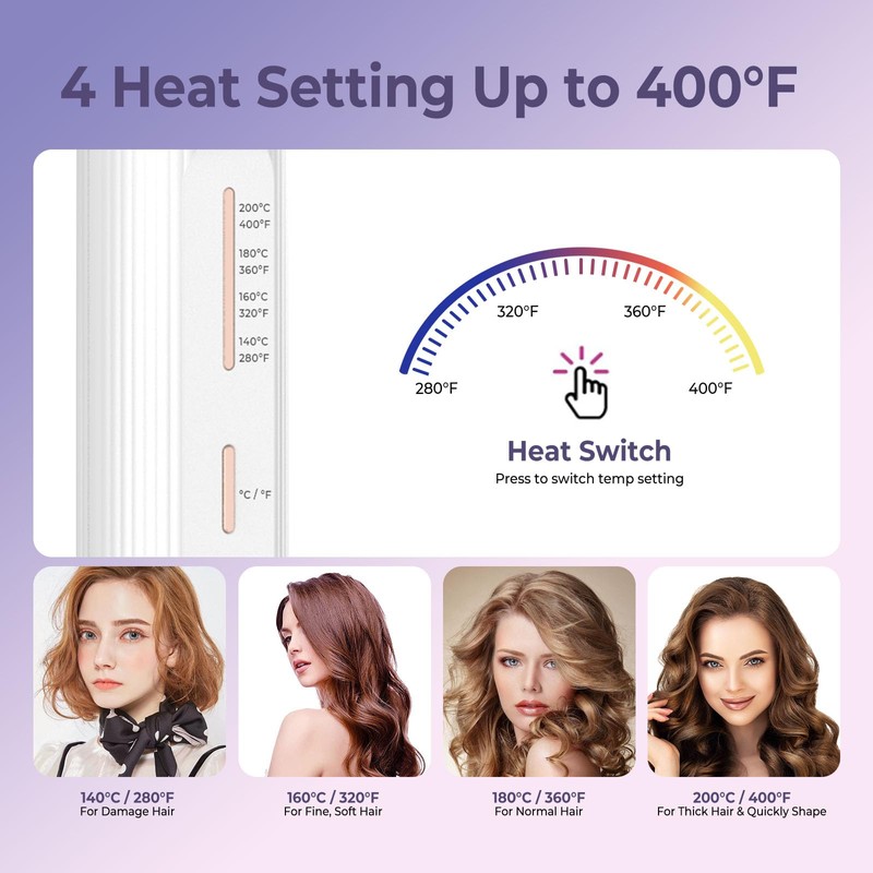 Cordless Curling Iron 9000 mAhUSB Rechargeable, 4 Temps Setting Cordless