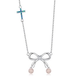 ANGSAU Bow Necklace Sterling Silver Bowknot Pendant Sideway Cross Jewerly Gift for Women