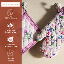 Maison d' Hermine Oven Mitt & Pot Holder 100% Cotton Heat Resistant Combo for BBQ, Cooking, Wedding & Restaurants, Chardon - Spring/Summer, Oven Mitt (19cm x 33cm) & Pot Holder(20cm x 20cm)