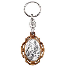 RosaryMart Our Lady of Lourdes Olive Wood Keychain, Chatholic Relgious Key Holder