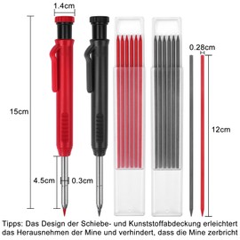 Carpenter's Pencil with 12 Pencil Leads, 2 Colours, Deep Hole Marker Pencil, Construction Site Set for Woodworking, 45 mm Long Nib, Construction Pencil, Carpenter's Pencil, Drill Hole Marker, Built-in