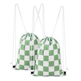 Ohocut Green Checkered Drawstring Backpack 2 Pack Cute Vintage Checkerboard Drawstring Bags Bulk Gym Sackpack Waterproof