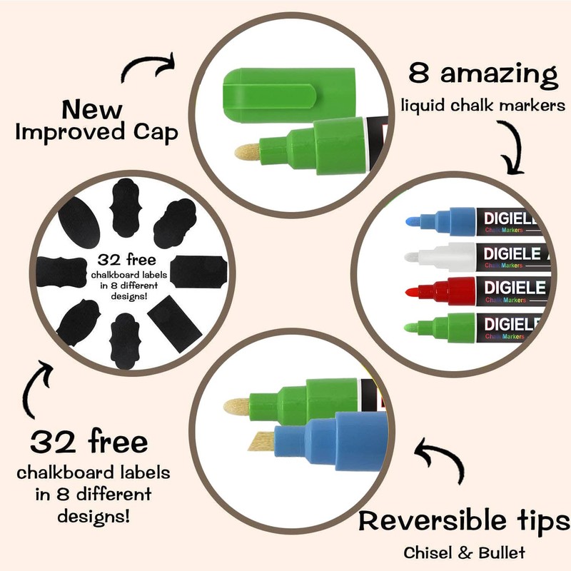 DIGIELE Chalk Pen Red, Green, Blue, White, 8 Chalk Pens
